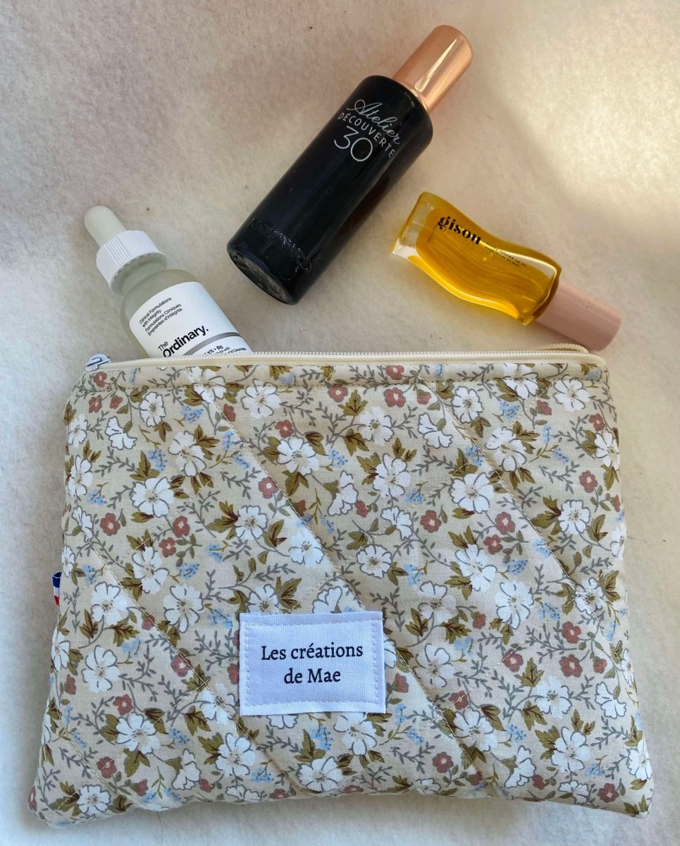 Trousse de Toilette/Maquillage - Plate - Fleurs marrons - Les créations de Mae