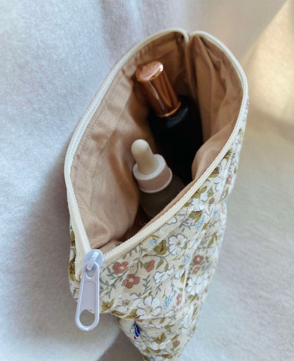 Trousse de Toilette/Maquillage - Plate - Fleurs marrons - Les créations de Mae